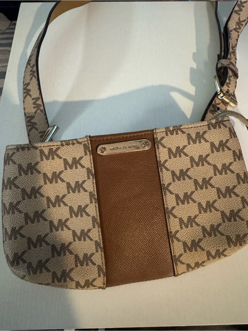Michael Kors Beige and Brown MK Monogram Fanny Pack Bag EUC